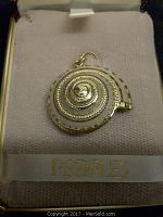 Close-up of the gold sea shell pendant showing spiral design with gold textured accents inside a jewelry box.