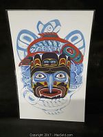 Full view of the Native art print showing the mask and fish design on white background.