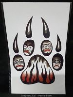 Full view of the native art print showing the entire bear paw design with faces in each claw.