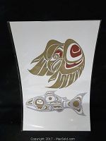 Full view of the framed native art print showing a stylized bird and fish design on white background.