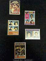 Five hockey cards featuring Bobby Orr and Boston Bruins teammates, including All-Star and team leaders cards with player images and statistics.