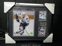 Framed photo of Alexander Edler Vancouver Canucks with two hockey cards and name plaque; black frame wrapped with protective corners and shrink wrap.