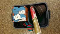 Rubbermaid bin containing pairs of children's shoes, mittens, and growth chart
