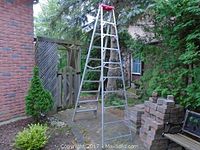 Full view of the 10-foot aluminum step ladder standing outdoors, showing structure and condition.