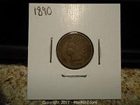 Front side of the 1890 US Indian Head penny showing Native American chief profile and date.