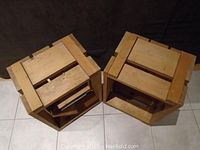 Top angled view showing the two pine storage crates with slatted tops and reinforcing strips.