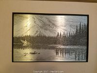 First etching showing mountain, treeline, lake and flying duck
