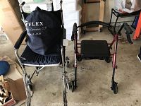 Wheelchair with orthopedic footwear bag on seat and walker next to it, showing mobility aids and footwear item
