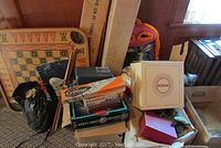 Vintage games including Cribbage and Flinch in boxes, puzzles, wooden game boards, Kodak slide projector box, and other assorted games and toys.