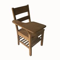 Front angled view of the wooden schoolhouse desk chair showing the seat, slatted back, and writing surface in lowered position.