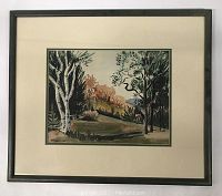 Frontal photo of the framed watercolor forest scene, showing the full artwork with matting and frame.