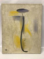 Full view of the mid-century abstract oil painting on canvas, showing the main composition of black, yellow, and purple brush strokes on a beige-gray background.