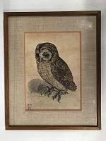 Full view of the framed owl print showing the wooden frame, linen mat, and printed owl.