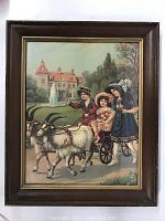 Framed chromolithograph print of three children in a carriage pulled by goats with a mansion and garden background.