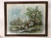 Framed chromo lithograph print depicting children playing by the stream under a large flowering tree in a natural landscape.