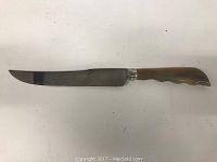 Full view of the knife showing the stainless steel blade and brown Bakelite handle.