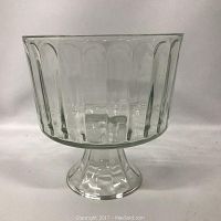 Front view of the large vintage glass trifle bowl showing ribbed texture and pedestal base