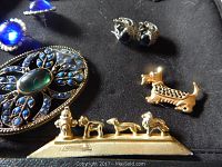 Photo showing large oval silver pendant with blue stones, a pair of blue jewel stud earrings, a pair of decorative clip-on earrings, a dog-shaped gold-tone pin, and a gold-tone fire hydrant with three dog pins.