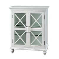 Floor cabinet front view showing two X-design glass doors and bun feet