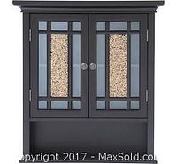 Front view of the black wall cabinet showing mosaic glass doors and open shelf