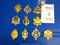 Ten military badges and one small pin on a blue background.