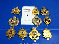 Top view of ten Canadian military badges displayed on blue fabric, including various gold and silver tone badges with crowns and insignia.
