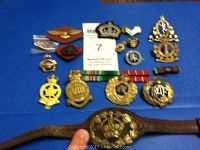 Overview photo showing all badges, patches, pins, and ribbons laid out on blue cloth including large brass badge on wooden plaque