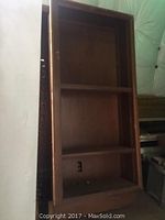 Full view of the mahogany bookcase showing paneled side and shelving structure with light strips.