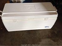 Closed white Coleman Igloo 120 cooler showing embossed logo on lid and latch closures.