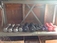 Photo showing 6 pairs of hand weights in varying weights and colors arranged on a rack shelf.