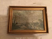 Framed European oil painting showing a detailed landscape with people, horses, a tree and buildings in the background.