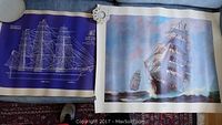 Two nautical ship prints laid out side by side, one in painting style and the other in blueprint style