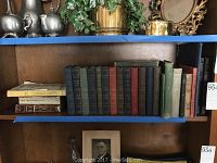 Middle shelf view showing two flat volumes at left and row of 13 small clothbound hardcovers