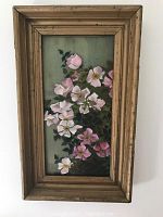 Original floral wall art with pink and white flowers in a vintage wooden frame.