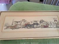 Full view of framed lithograph showing entire lineup of dogs under glass.
