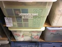 Plastic containers labeled 'Crochet-Threads Patterns' and another container partially visible with labels storing craft items.