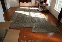 Two area rugs displayed on wooden floor in sunlit room, one large and rectangular with ornate floral pattern, one smaller rectangular rug in similar style
