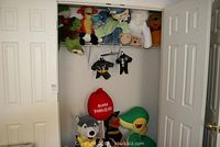 Closet view with multiple plush toys including frogs, various animals and Disney characters arranged on top shelf and hanging items
