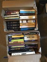 Photo showing three boxes of vintage books including topics on religion, paranormal, philosophy, and a Goofy book.