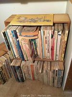 Books stacked upright and flat within two wooden crates. Titles visible include comic-related and Stan Lee authored books.