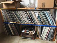 Two-tier wooden shelf filled with over fifty vinyl records in sleeves.