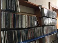 Wide view of wooden shelves holding multiple rows of assorted music CDs stacked upright in jewel cases with some visible titles.
