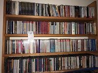 Wide view of wooden shelves filled with assorted music CDs in jewel cases, showing multiple rows and a variety of colored spines.