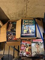 Box showing stack of “Weird Fantasy” book and front covers of Weird Magazine and Vampirella