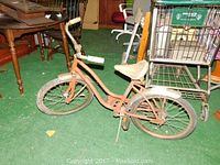 Side view of the small vintage kids bike with rusted orange frame, white seat, and black tires on green carpet.
