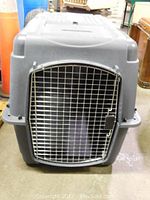 Front view of the large animal crate showing sturdy dark gray plastic body and chrome wire gate with latch.
