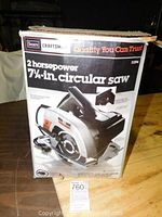 Box of Sears Craftsman 7 1/4-inch circular saw highlighting the 2 horsepower feature and model number 21094.