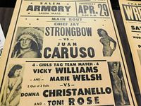 Close up photo of a vintage wrestling poster for an event at Salem Armory on Thursday April 29, featuring Chief Jay Strongbow vs Juan Caruso, and a girls tag team match