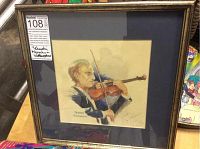 Overall view of framed watercolor portrait with label