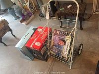 Photo of the white wire shopping cart with the three boxed items inside, showing the setup and contents of the lot.